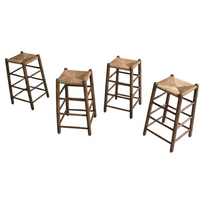 Pre-owned Charlotte Perriand Set Of Four Rustic French Mid-century Modern Counter Bar Stools In Solid Oak In Brown
