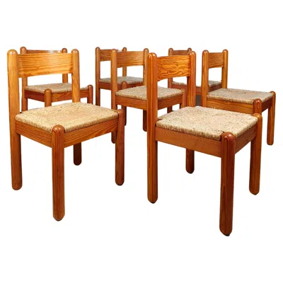 Pre-owned Charlotte Perriand Set Of Seven Oak And Rush Chairs In The Style Of , 1960s In Brown