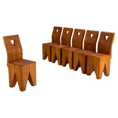 Pre-owned Charlotte Perriand Set Of Six Vintage Brutalist Pinewood Chairs, 1970s In Brown