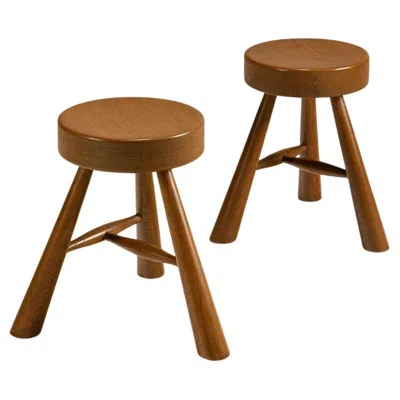 Pre-owned Charlotte Perriand Set Three-legged Wooden Stools In Ash In The Style Of , 1970s In Brown