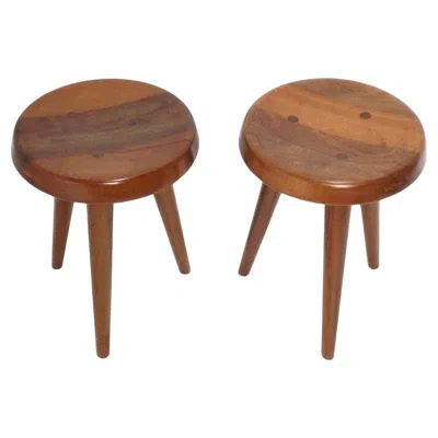 Pre-owned Charlotte Perriand Style Tripod Wood Stools Pair Available In Brown