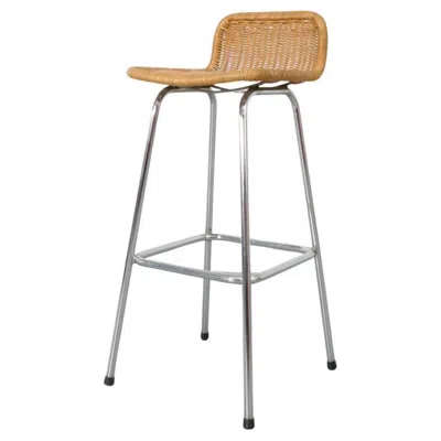 Pre-owned Charlotte Perriand Style Wicker Bar Stool With Rattan Seat And Chrome Frame In Brown