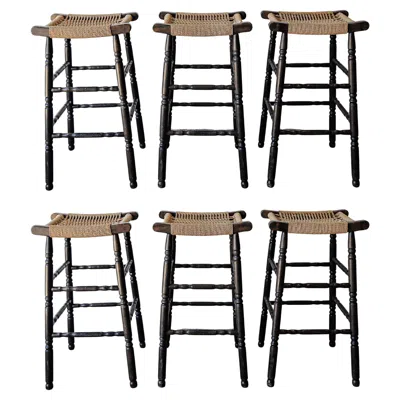 Pre-owned Charlotte Perriand Vintage French Style Rush Seat Barstools - Set Of 6 In Brown