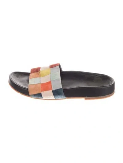 Pre-owned Charlotte Stone Suede Colorblock Pattern Slides In Multicolor