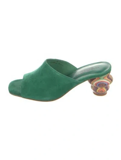 Pre-owned Charlotte Stone Suede Striped Slides In Green