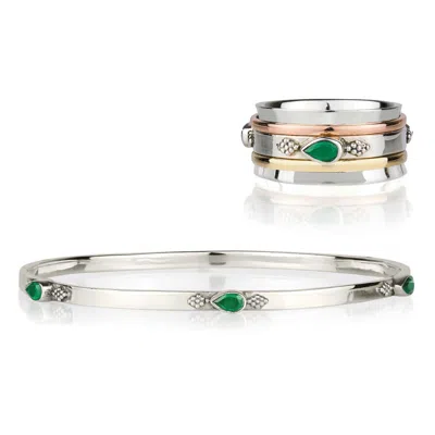 Charlotte's Web Jewellery Women's Amara Bliss Silver Spinning Ring & Bangle Gift Set - Green Onyx