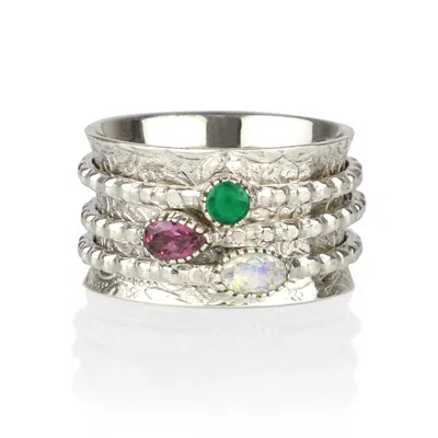 Charlotte's Web Jewellery Women's Ananda Silver Spinning Ring - Green Onyx, Moonstone And Rhodolite Garnet