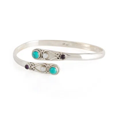 Charlotte's Web Jewellery Women's Sarisha Spirit Silver Adjustable Bangle - Turquoise, Pearl & Amethyst