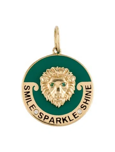Pre-owned Charm 14k Emerald & Diamond Enamel Lion 'smile Sparkle Shine'  In Green