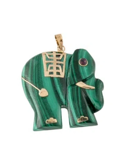 Pre-owned Charm 14k Malachite & Ruby Elephant Pendant, 1.25" In Multi