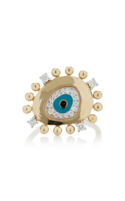 Charms Company Evil Eye 14k Yellow Gold Diamond Ring In Blue