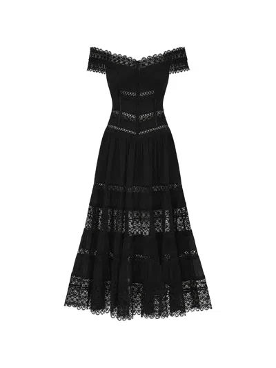 Charo Ruiz Amaira Embroidered Lace-trimmed Cotton-blend Maxi Dress In Black