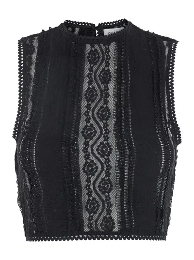 CHARO RUIZ 'ASTERIA' BLACK TOP WITH EMBROIDERY DETAILS AND SEMI-TRANSPARENT DESIGN IN COTTON AND TECH FABRIC BL