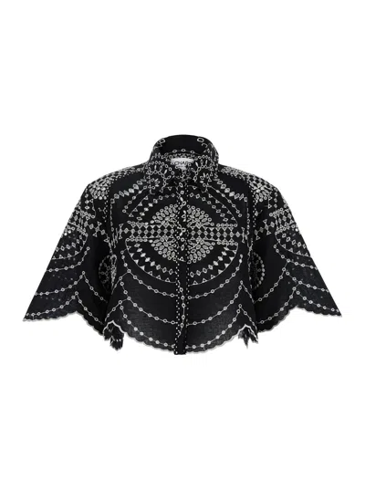 CHARO RUIZ EMMIE BLACK BLOUSE WITH CROPPED DESIGN AND ALL-OVER CONTRASTING EMBROIDERED DETAILS IN COTTON AND LI