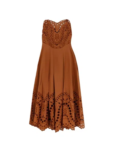 Charo Ruiz Broderie-anglaise Strapless Midi Dress In Brown
