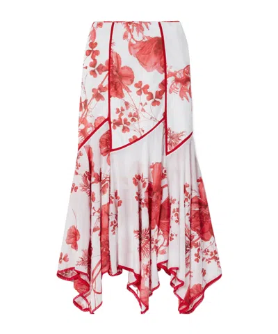 Charo Ruiz Nopy Asymmetric Scalloped Floral-print Cotton-blend Skirt In Red