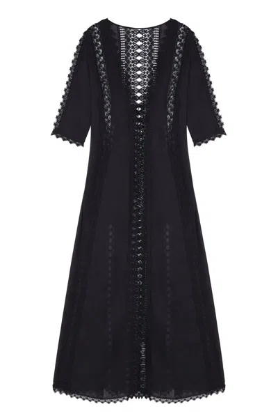 Charo Ruiz Ali Crocheted Lace-paneled Cotton-blend Voile Robe In Black