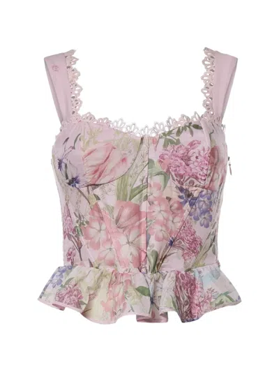 Charo Ruiz Pink Floral-print Cotton Floret Bustier Top