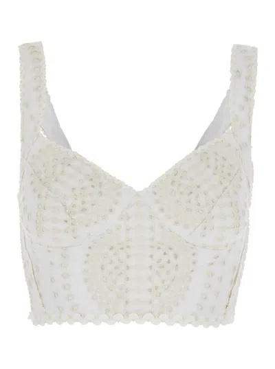 Charo Ruiz 'goldie' White Top With V-neck On The Front And Perforated Design In Cotton And Linen Blend Woman