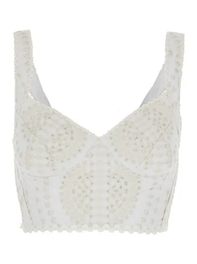 CHARO RUIZ 'GOLDIE' WHITE TOP WITH V-NECK ON THE FRONT AND PERFORATED DESIGN IN COTTON AND LINEN BLEND WOMAN
