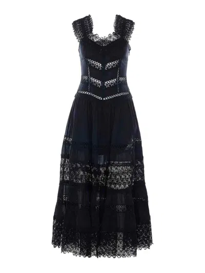 Charo Ruiz Maxi Dress With Intricate Lace Panels And Scalloped Neckline In Black