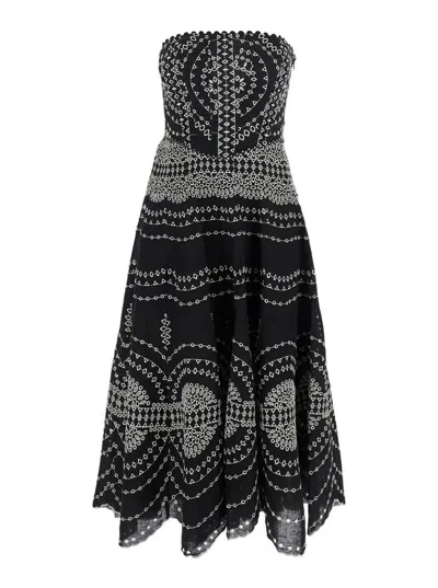 CHARO RUIZ 'IRIS' BLACK LONG DRESS WITH ALL-OVER EMBROIDERIES AND RUFFLED SKIRT IN COTTON AND LINEN BLEND WOMAN