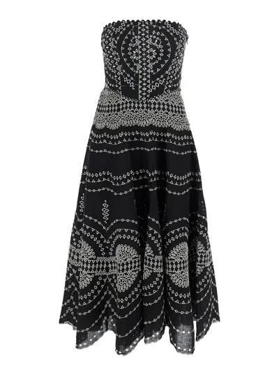 Charo Ruiz Iris Black Long Dress With All-over Embroideries And Ruffled Skirt In Cotton And Linen Blend Woman