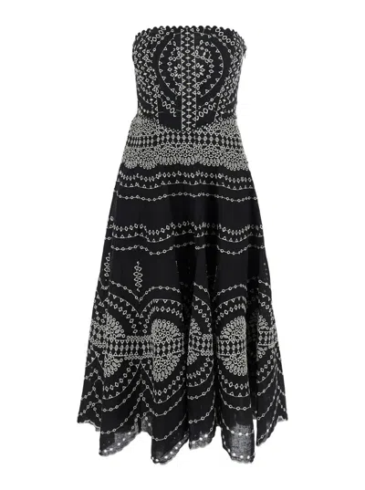 Charo Ruiz 'iris' Black Long Dress With All-over Embroideries And Ruffled Skirt In Cotton And Linen Blend Woman