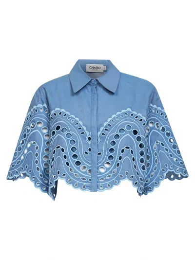 Charo Ruiz Light Blue Embroidered Cotton Blend Storm Cropped Blouse