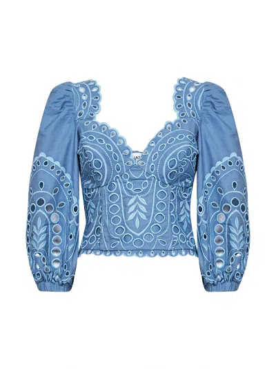 Charo Ruiz Light Blue Embroidered Cotton Blend Top