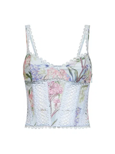 Charo Ruiz Light Blue Printed Cotton Blend And Lace Poppy Top