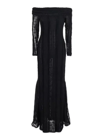 CHARO RUIZ MINERVA BLACK LONG DRESS WITH BARDOT NECKLINE AND ALL-OVER EMBROIDERY IN TECH FABRIC WOMAN
