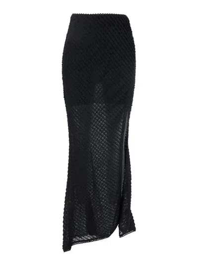 CHARO RUIZ 'ERIN' BLACK LONG SKIRT WITH SIDE SINGLE SLIT AND ALL-OVER EMBROIDERY IN TECH FABRIC WOMAN