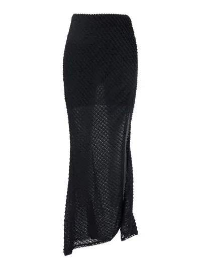 CHARO RUIZ 'ERIN' BLACK LONG SKIRT WITH SIDE SINGLE SLIT AND ALL-OVER EMBROIDERY IN TECH FABRIC WOMAN