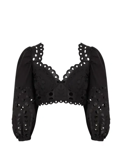 Charo Ruiz Luna Embroidered Smocked Blouse In Black