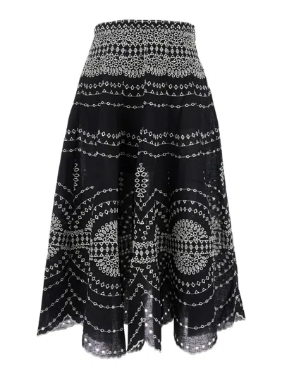 CHARO RUIZ 'LIVVY' BLACK MIDI SKIRT WITH SCALLOP HEM AND ALL-OVER EMBROIDERY IN COTTON NAD LINEN BLEND WOMAN
