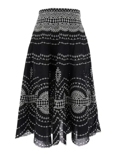 CHARO RUIZ 'LIVVY' BLACK MIDI SKIRT WITH SCALLOP HEM AND ALL-OVER EMBROIDERY