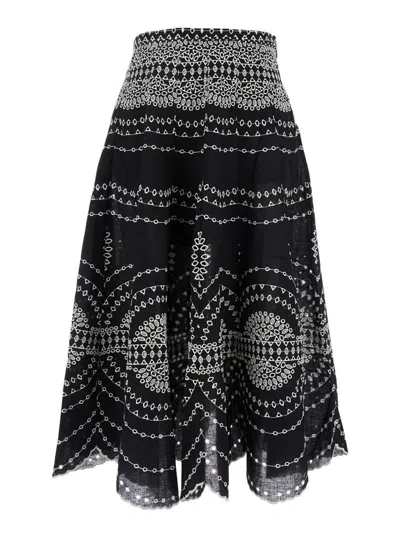 CHARO RUIZ 'LIVVY' BLACK MIDI SKIRT WITH SCALLOP HEM AND ALL-OVER EMBROIDERY IN COTTON NAD LINEN BLEND WOMAN
