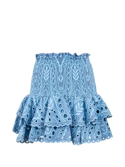 Charo Ruiz Nerissa Tiered Shirred Broderie Anglaise Cotton-blend Mini Skirt In Blue