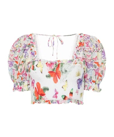 Charo Ruiz Ibiza Lirio Printed Cropped Cotton-blend Top In White