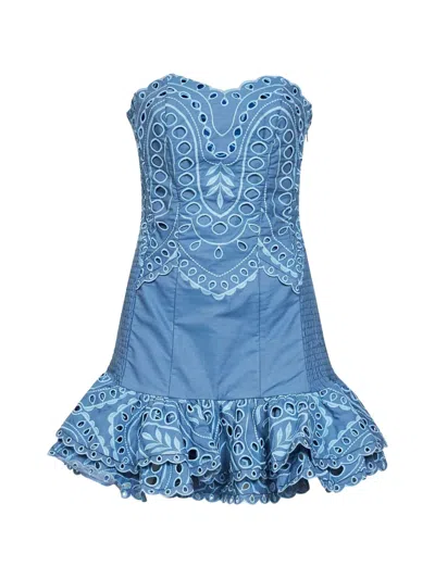 Charo Ruiz Light Blue Embroidered Cotton Blend Salty Bustier Mini Dress