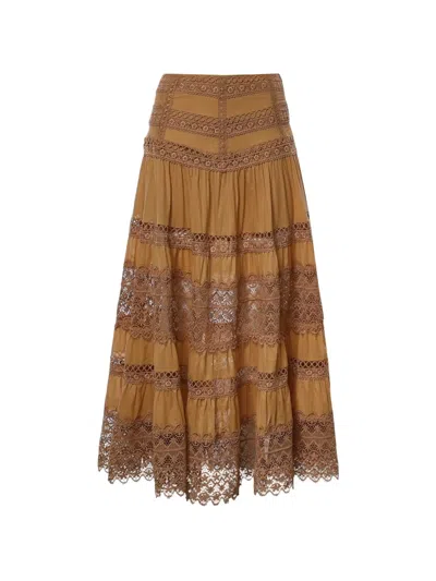 Charo Ruiz Serza Lace-trim Tiered Skirt In Brown