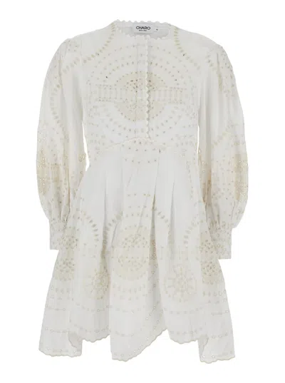 CHARO RUIZ ASAHI WHITE DRESS WITH ALL-OVER EMBROIDERY DESIGN AND PLEATED SKIRT IN COTTON AND LINEN BLEND WOMAN