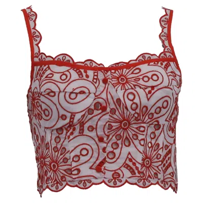 Charo Ruiz Tessa Embroidered Cropped Top In Red Cotton In Animal Print