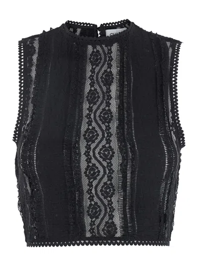 CHARO RUIZ ASTERIA BLACK TOP WITH EMBROIDERY DETAILS AND SEMI-TRANSPARENT DESIGN IN COTTON AND TECH FABRIC BLEN
