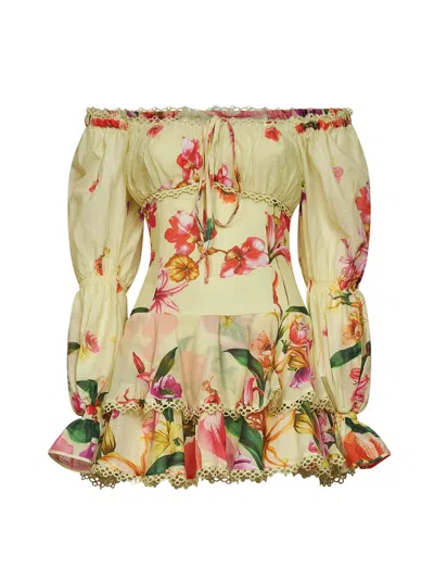 Charo Ruiz Yellow Floral-print Cotton Azurea Off-the-shoulder Mini Dress