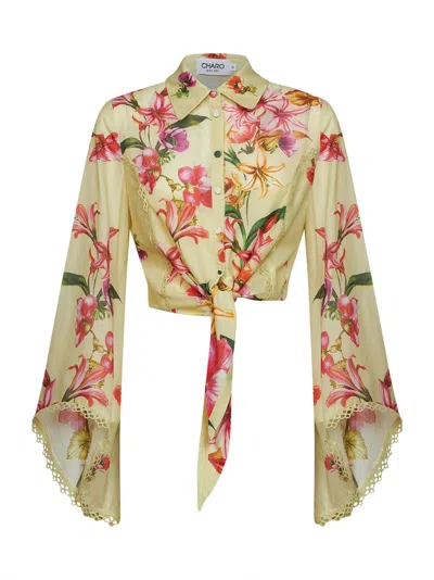 Charo Ruiz Yellow Floral-print Cotton Blouse Lei Tied-waist Shirt