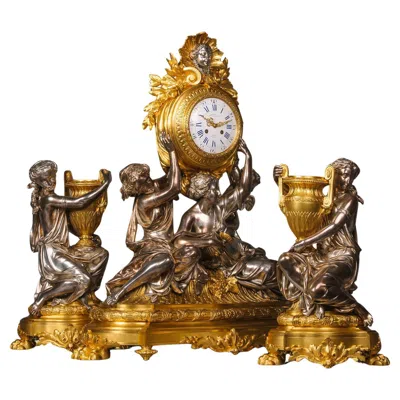 Pre-owned Charpentier Et Cie A Napoléon Iii Silvered-bronze Clock Garniture By Charpentier, Paris In Gold