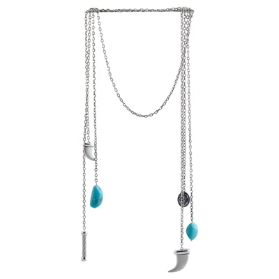 Pre-owned Charriol Kucha Stainless Steel Two Turquoise And Horn Pendants Open End Necklace In Multi