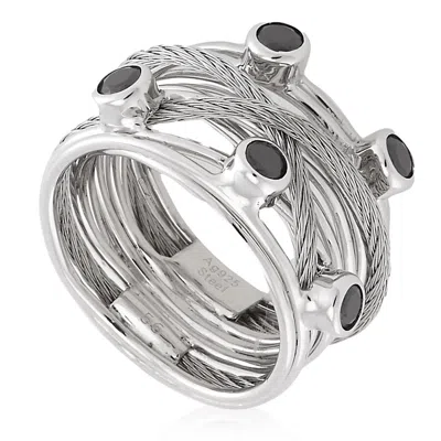 Charriol Tango Black Cz Stones Steel Cable Ring In Metallic